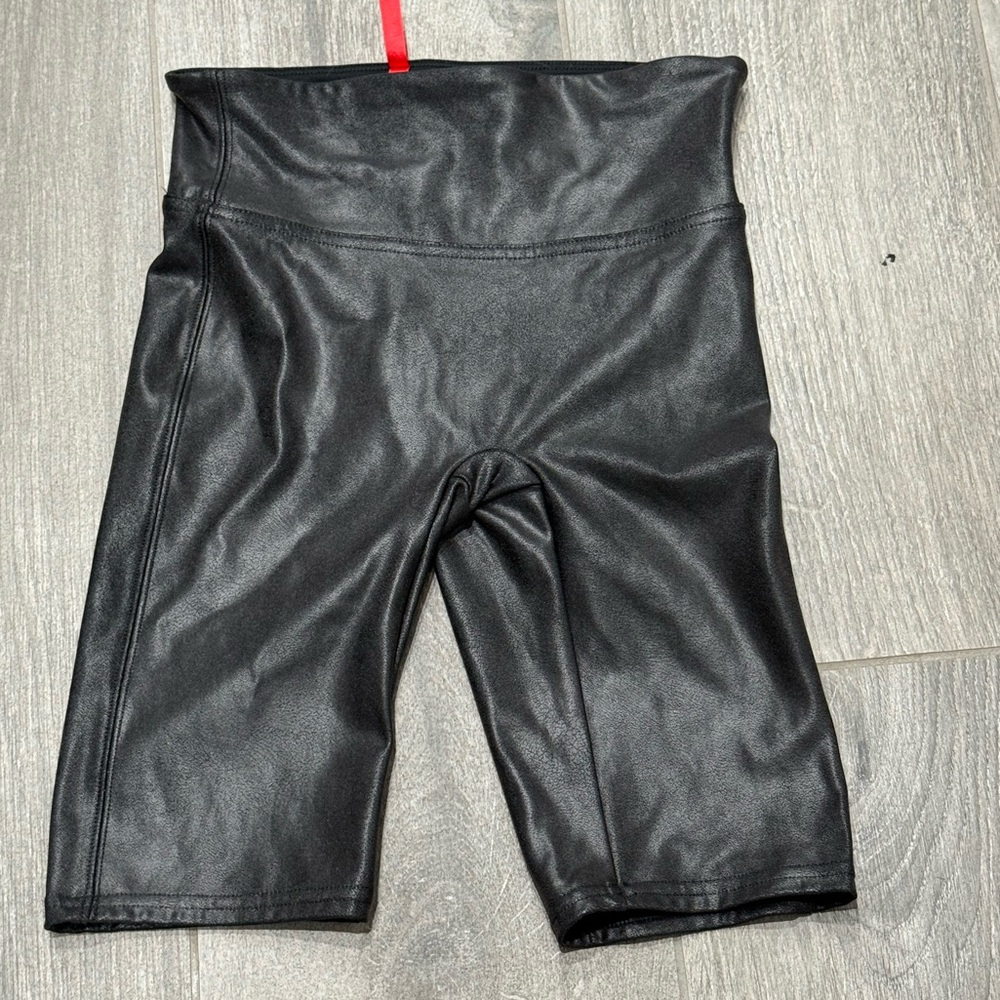 SPANX Black Faux Leather Biker Shorts-XS